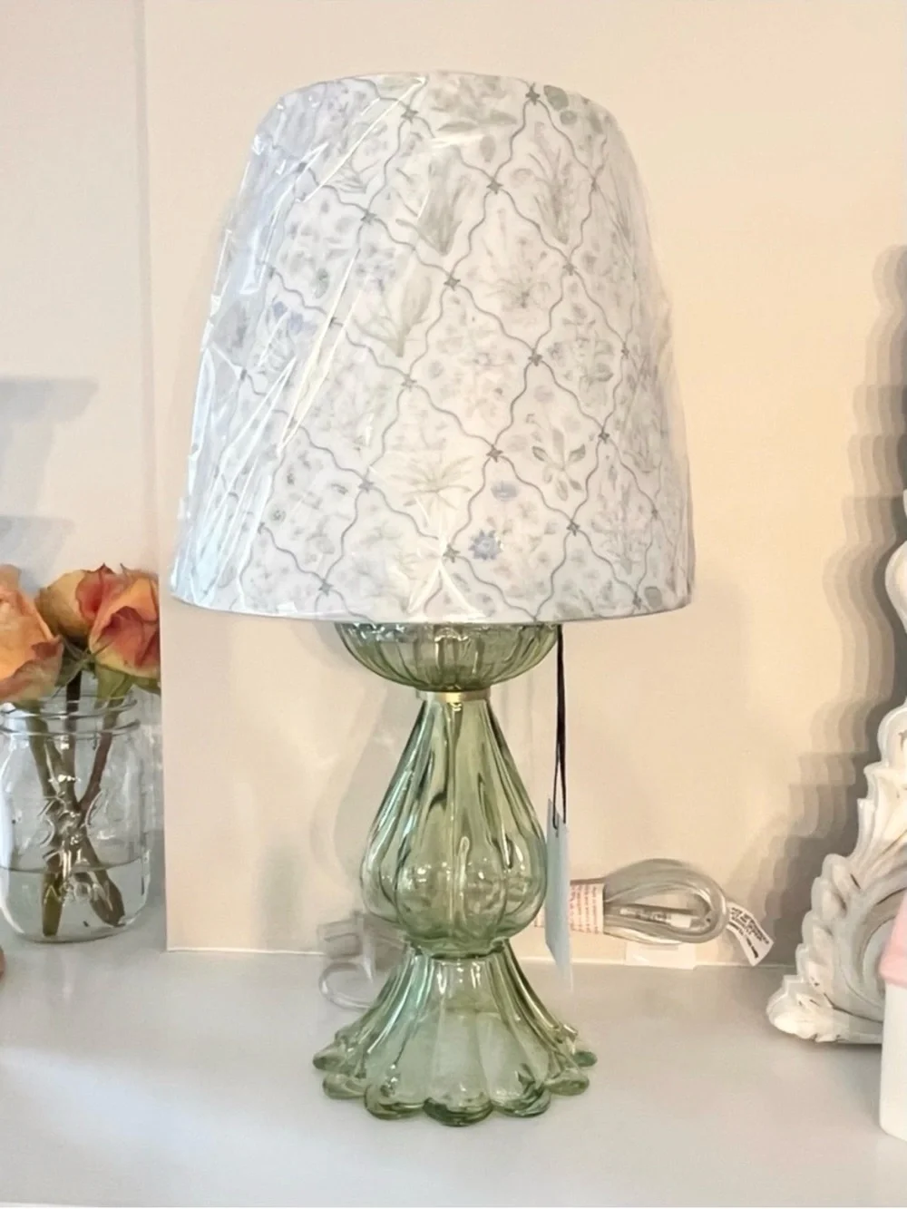 🆕-Soft Green Fluted Glass Table Lamp with Patterned White Shade